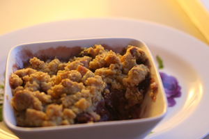 stoofperen; stoofpeertjes; recept; walnoten; crumble; polenta